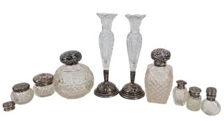 COLLECTION OF HALLMARKED SILVER & GLASS SCENT BOTTLES & A PAIR OF SILVER & GLASS VASES