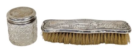 EDWARD VII HALLMARKED SILVER LIIDED & GLASS POT & A SILVER CLOTH BRUSH