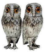 PAIR OF ELIZABETH II HALLMARKED SILVER CRUET SET IN THE FORM OF OWLS