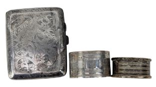 A GEORGE V HALLMARKED SILVER CIGARETTE CASE & TWO HALLMARKED SILVER NAPKIN RINGS