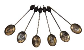 CASED GEORGE V SET OF SIX HALLMARKED SILVER & ENAMEL COFFEE BEAN SPOONS