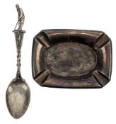 ELIZABETH II HALLMARKED SILVER ASHTRAY & A STERLING TEASPOON