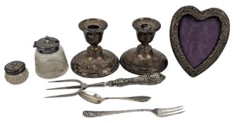 VICTORIAN HALLMARKED SILVER & GLASS VANITY POT & A VICTORIAN SILVER PICKLE FORK