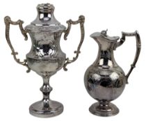 VICTORIAN SILVER PLATED TROPY CUP WITH COVER & SILVER PLATED CLARET JUG