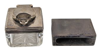 18TH CENTURY WILLIAM IV SILVER MOUNTED TRAVELING INK WELL & A SILVER MATCH BOX