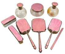 COLLECTION OF 9 GEORGE V HALLMARKED SILVER & PINK GUILLOCHE ENAMEL DRESSING TABLE SET