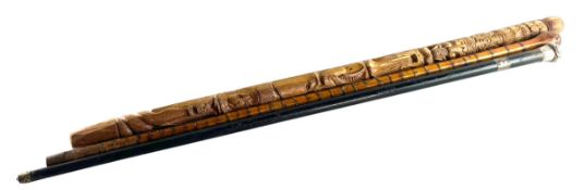 THREE 20TH CENTURY WALKING STICKS INCLUDE A HALLMARKED SILVER TOPPED WALKING STICK