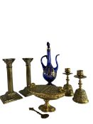 COLLECTION OF BRASS CANDLESTICKS & TURKISH BLUE GLASS ROSE WATER EWER