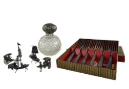 GLASS SCENT BOTTLE WITH STOPPER & FOUR METAL CHINESE FIGURES