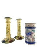 POOLE POTTERY CANDLESTICK PAIR, PLATE & HONITON VASE
