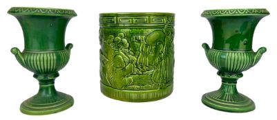 BRETBY POTTERY PLANTER POT & PAIR OF DARTMOUTH URNS