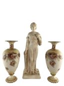 CROWN DEVON WARE FIGURINE & PAIR OF CARLTON WARE BLUSH WARE VASES