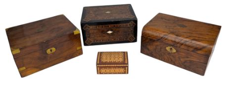 THREE 19TH CENTURY VICTORIAN WALNUT WORKBOXES & SMALL WOOD & STRAW TRINKET BOX