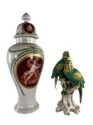 19TH CENTURY CONTINENTAL PORCELAIN LIDDED VASE & A FIGURE OF PAIR OF PARAKEETS