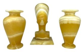 MID CENTURY EGYPTIAN ALABASTER THREE PIECE SET VASES & FIGURE