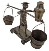 20TH CENTURY CHINESE SILVER PLATED NOVELTY CRUET SET IN FORM OF A SHOULDER POLE VENDOR