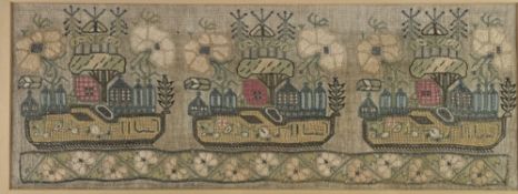 19TH CENTURY EMBROIDERY NEEDLEWORK SAMPLER PANEL WITH BOATS & FLOWERS