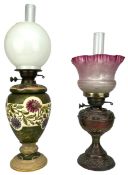 VICTORIAN CERAMIC OIL LAMP & COPPER OIL LAMP W/SHADES