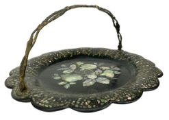 19TH VICTORIAN PAPIER MACHE INLAID DISH W/ITH GILT SWING HANDLE