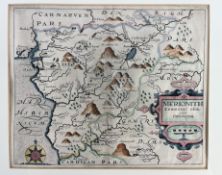WILLIAM CAMDEN - A 17TH CENTURY HAND COLOURED ENGRAVED MAP OF WALES BY WILLIAM KIP