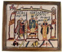 BAYEUX TAPESTRY - LATE 19TH/EARLY 20TH CENTURY FRAMED WOOLWORK PANEL/SAMPLER