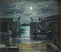NIGEL HALLARD - MOUSEHOLE HARBOUR, MOONLIGHT - OIL ON CANVAS LAID ON BAORD