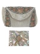 19TH CENTURY MOTHER OF PEARL CARD CASE & BEADED PURSE