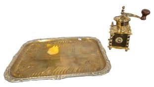 20TH CENTURY BRASS COFFEE GRINDER W/ EARLY 20TH CENTURY ART NOUVEAU STYLE BRASS TRAY