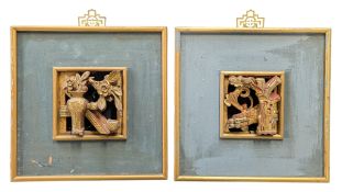 TWO CHINESE 1920S FRAMED GILDED WOODEN CARVINGS