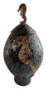 ROGER COCKRAM - VINTAGE STUDIO ART POTTERY STONEWARE SEAHORSE LIDDED VASE