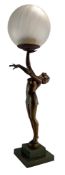 MANNER OF JOSEF LORENZL - ART DECO PATINATED METAL & TEXTURED GLASS FIGURAL LAMP