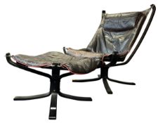 SIGURD RESELL - VATNE MOBLER - NORWEGIAN 1970S FALCON LEATHER CHAIR & STOOL