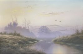 DAVID WALLER (B. 1945) - UNTITLED OIL ON CANVAS LANDSCAPE AT DAWN