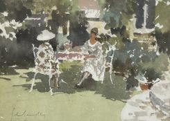 JOHN YARDLEY (B. 1933) - GARDEN TALK - WATERCOLOUR ON PAPER