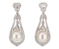 PAIR OF 18CT GOLD PEARL & DIAMOND PENDANT EARRINGS