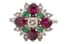 HALLMARKED 18CT GOLD RUBY, DIAMOND & EMERALD RING