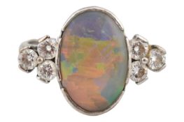 HALLMARKED 18CT WHITE GOLD CONTEMPORARY ART DECO BLACK OPAL & DIAMOND RING