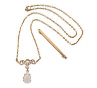 HALLMARKED 9CT GOLD OPAL & DIAMOND PENDANT NECKLACE