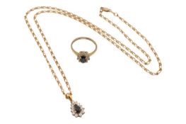 9CT GOLD SAPPHIRE & WHITE STONE CLUSTER PENDANT & CLUSTER RING