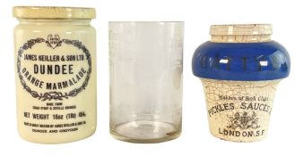 A 20TH CENTURY COLLECTION OF VINTAGE ADVERTISING JARS & GLASS MEASURE