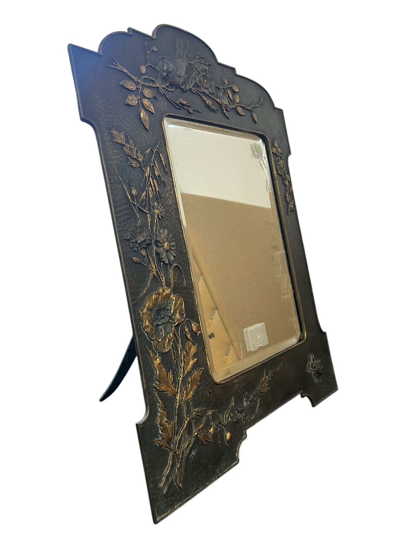 A 20TH CENTURY LIBRETY STYLE ART NOUVEAU BRASS DESK TABLE MIRROR