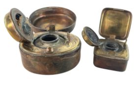 TWO 19TH CENTURY VICTORIAN BRASS AND LEATHER TRAVEL INKWELLS