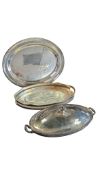 THREE EARLY 20TH CENTURY SILVER PLATE SERVING PLATTERS / LIDDED DISHES