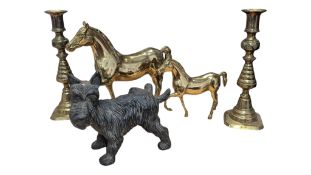 20TH CENTURY BRASS CANDLESTICKS, CAST IRON SCOTTIE DOG & TWO BRASS HORSE FIGURES