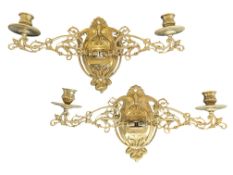 A PAIR OF LATE 19TH CENTURY ART NOUVEAU BRASS WALL SCONCE CANDLESTICKS