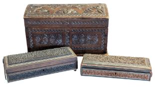 LARGE 20TH CENTURY CARVED HARDWOOD DOME TOP CASKET CHEST & OTHERS (3)