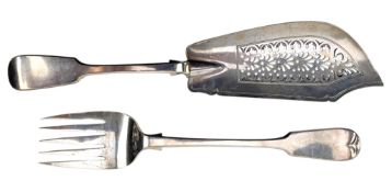 19TH CENTURY VICTORIAN HALLMARKED SILVER FISH SLICE & A FISH SERVING FORK SET