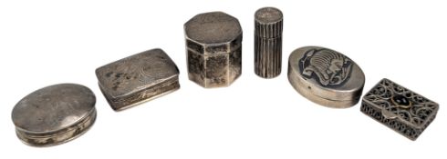 COLLECTION OF FIVE 925 SILVER SNUFF BOXES & AN EGYPTIAN 800 SILVER SNUFF BOX