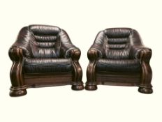 KLER FURNITURE, POLISH - PAIR OF CONTEMPORARY OAK & LEATHER ARMCHAIRS