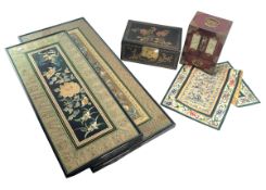 TWO 20TH JEWELLERY BOXES AND THREE CHINESE EMBROIDERY PANELS